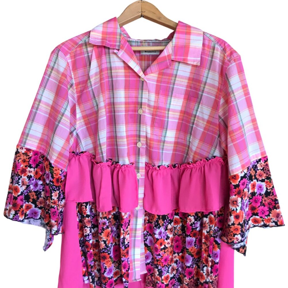 Handmade Upcycled Boho Tunic, Pink Ruffled Patchwork Top Size Large - Picture 10 of 13
